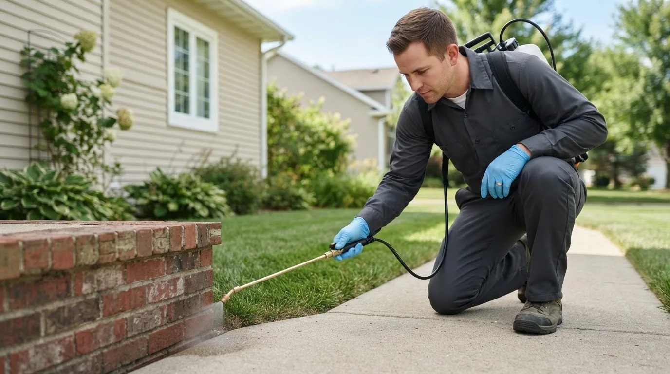 Pest control technician treating a home near Atlantic Beach, NY